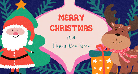 Christmas banner with Santa Claus and reindeer. Merry Christmas and Happy New Year greetings for seasonal greeting card.