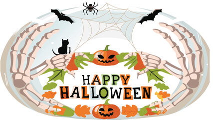 Happy halloween text with pumpkins, spiderweb, bats, black cat, and skeleton hands illustration