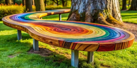 Obraz premium Vibrant Rainbow-Colored Wooden Park Bench with Organic Design Situated on Lush Green Grass Near a Tree Trunk