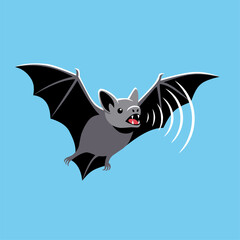 bat flying with sonar sound waves on blue background. A fun vector concept for echolocation, night animals, or Halloween-themed designs