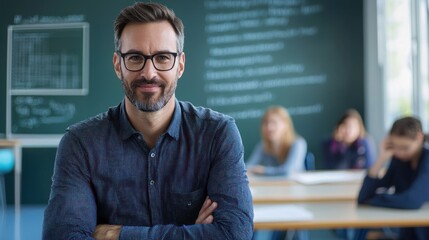 A teacher standing in front of a classroom with students in the background.