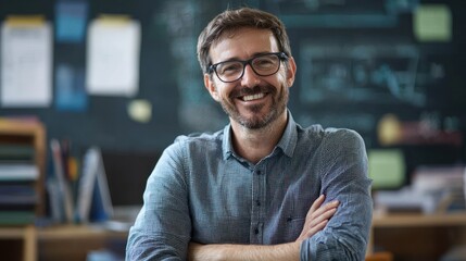 Obraz premium A man in a blue shirt with glasses, standing in a classroom with chalkboard and papers.