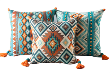 Three decorative pillows with bohemian geometric patterns and orange tassels are arranged on an isolated transparent background