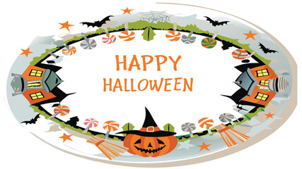 Oval frame with happy halloween text, pumpkin, bats, houses, stars, and candy decorations around it