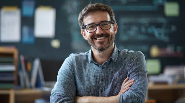 A man in a blue shirt with glasses, standing in a classroom with chalkboard and papers.