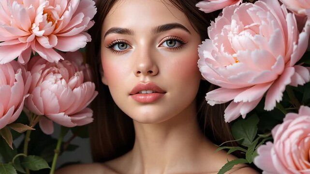 Beautiful young caucasian woman with green eyes and natural makeup posing with large pink flowers on blurred background. Concept of feminine beauty and floral aesthetics