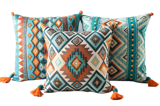 Three decorative pillows with bohemian geometric patterns and orange tassels are arranged on an isolated transparent background