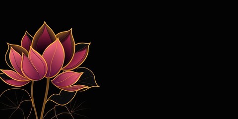 Obraz premium Elegant gold line art lotus leaves on dark background, botanical banner design, luxury, background
