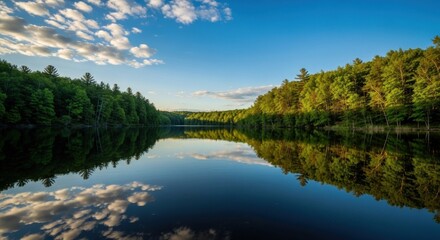 Obraz premium Calm lake reflection, surrounded by trees under a blue sky