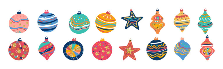 Set of creative Christmas tree decorations in colorful, hand-drawn style with glitter. Abstract holiday Christmas tree decoration for design.