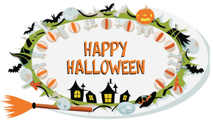 A happy halloween illustration featuring bats, a pumpkin, bones, and haunted houses in a festive frame