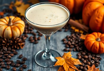 Creamy vanilla espresso martini, coffee beans, cinnamon, autumn leaves, pumpkin, coffee, festive
