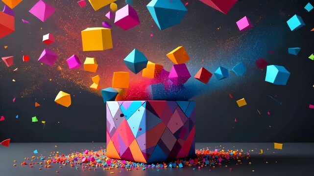 Colorful geometric cubes fly out of open gift box on dark gradient background with sparkling particles. Concept of holiday celebration and surprise