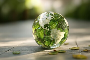 Glass globe containing green leaves, with continents shown, resting on stone. Illustrate environmental awareness, sustainability, and Earth Day concepts.
