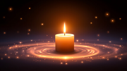 Candle radiates warm light surrounded by a gentle swirl of glowing particles. Enchanting dark setting creates a calming ambiance perfect for relaxation. Concept of wellness, mindfulness, meditation