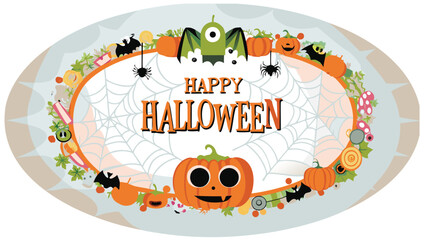Oval happy halloween design with pumpkins bats spiders and candy in a festive seasonal pattern