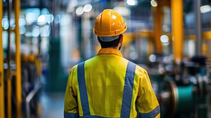 A man in a yellow hard hat and high-visibility jacket standing in a factory or industrial setting.