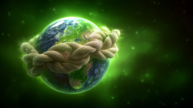 Earth is surrounded by a thick twine representing unity with nature. Illuminated by vibrant green light, this artistic representation emphasizes environmental awareness and responsibility