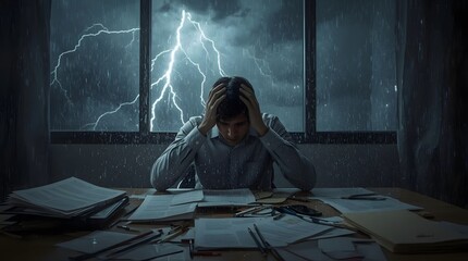 Stress anxiety burnout concept man at desk with lightning storm outside window image