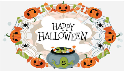 Happy halloween themed frame with pumpkins, spiders, candy, and a cauldron, festive and spooky design