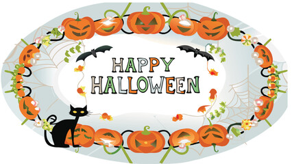 Oval frame with happy halloween message, pumpkins, bats, and a black cat in a festive design