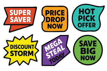 Bright sale badges feature discount storm, super saver, mega steal and hot pick offer promotion
