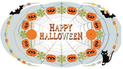 Happy halloween decoration with pumpkins, bats, spiderweb and a black cat in a festive scene