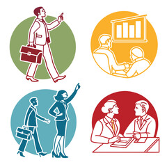 Business professionals in colorful circles discussing strategy and pointing towards success