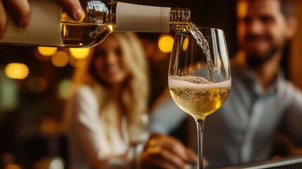 Pouring a crisp white wine during a cozy evening shared between a couple in a softly lit bar with