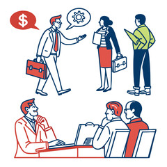 Business professionals in discussion and meeting with symbols for money and ideas