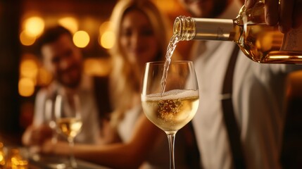 A moment of connection as white wine is poured at a chic bar creating joy with warm golden glow 100