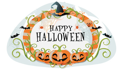 Happy halloween design with pumpkins bats spiders and a witch hat on an orange and white stripe frame