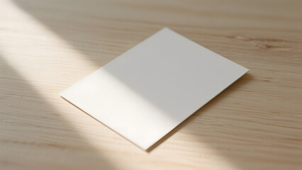 Blank white paper sheet resting on a wooden surface with natural light casting shadows