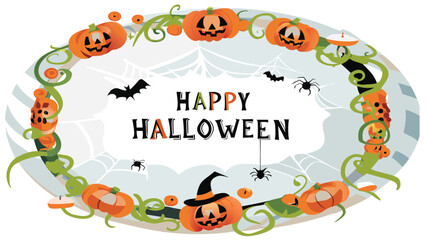 Happy halloween text with pumpkin border, bats, spiders and cobwebs in an oval frame design image
