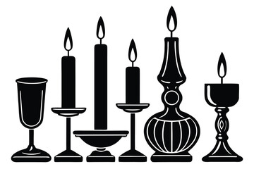 Ornate Black and White Candlestick Set with Lit Candles and a Goblet Illustration