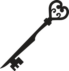 Antique key silhouettes. Medieval and modern keys, black vintage shapes set. Open door symbols, privacy and escape.