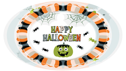 A festive halloween plate with a pumpkin, spiders, and the words happy halloween is displayed here