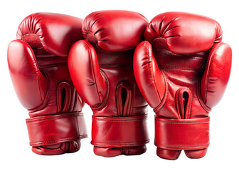 Three red boxing gloves are arranged on an isolated transparent background, ready for a sparring session or competition