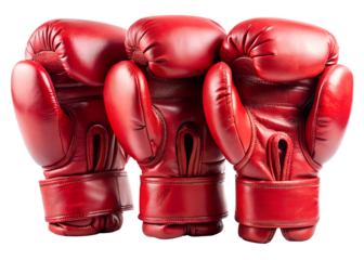 Three red boxing gloves are arranged on an isolated transparent background, ready for a sparring session or competition