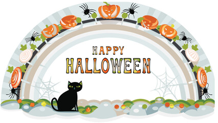 Happy halloween themed rainbow with pumpkins spiders candies and a black cat illustration art