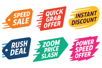 Vibrant sale promotion labels highlight special offers like rush deals, quick grabs, and instant discounts to entice buyers.