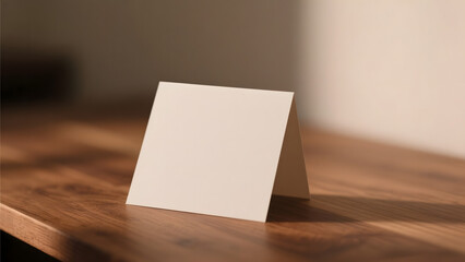 Blank card standing upright on a wooden surface in a softly lit room