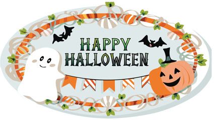 Happy halloween oval frame with ghost pumpkin bats and decorative garland elements for a spooky celebration