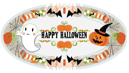 Oval halloween frame with ghost, pumpkins, bats, candy, and spider webs for a festive decoration