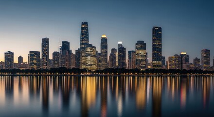 Naklejka premium City skyline at dusk reflected on water