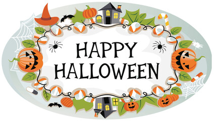 Happy halloween oval frame with pumpkins, candy corn, spider webs and haunted house elements design