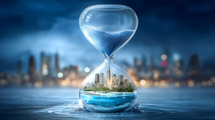 Hourglass filled with blue sand showcases an urban cityscape blended with nature inside. Captivating visual set in a serene water background