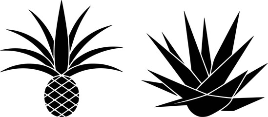 Black pineapple and agave plant silhouettes vector
