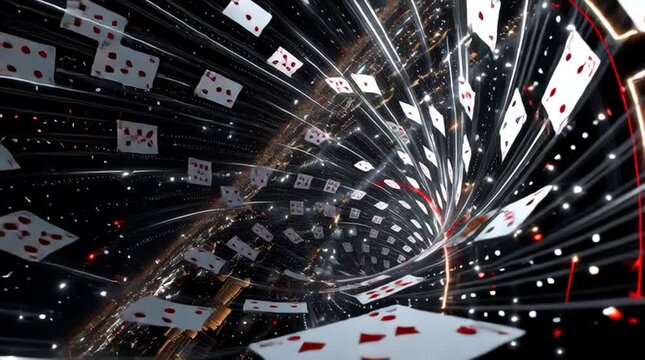 top-down view of playing cards spiraling in a vortex above Las Vegas strip, swirling lights below, dynamic and elegant loop motion
