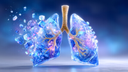 Lungs crafted from ice break apart, revealing a stunning display of sparkling fragments against a mystical blue backdrop. Concept of respiratory health, medical research, and wellness